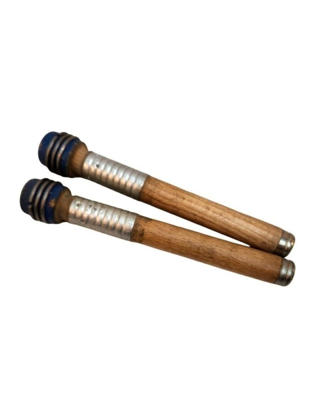 Vintage Wooden Metal Weaving Bobbins Blue Tips Set 2